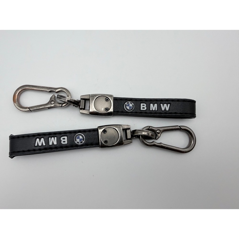 BMW Faux Leather Keychain Set Black Gunmetal Carabiner Key Fob 2 Pack